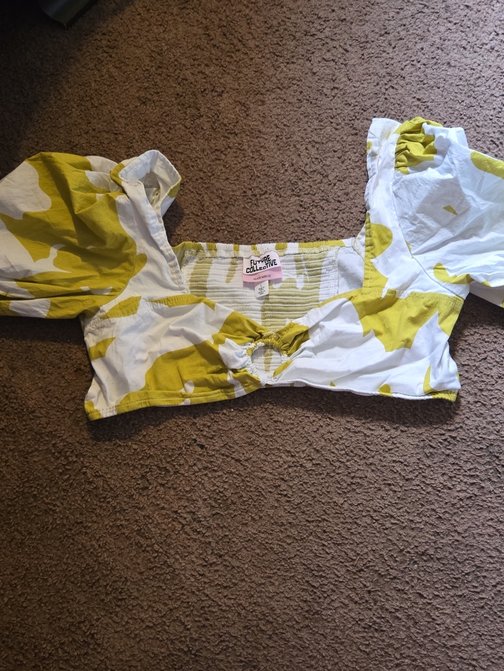 Future Collective Yellow-green & White Puff Sleeve Crop Top Y2k Cotton💫 Floral